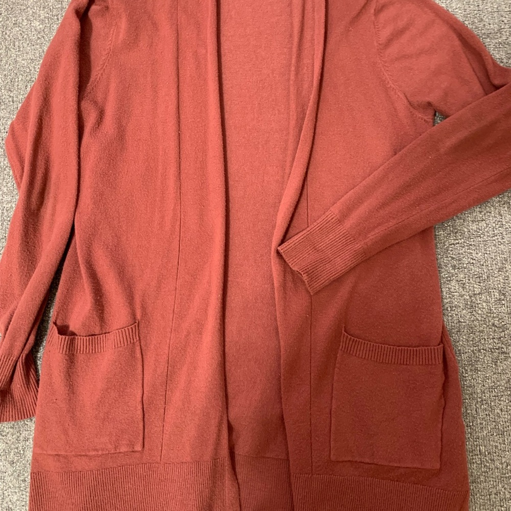 Pink Clover Brown and Red Open Front Cardigan with Long Sleeves